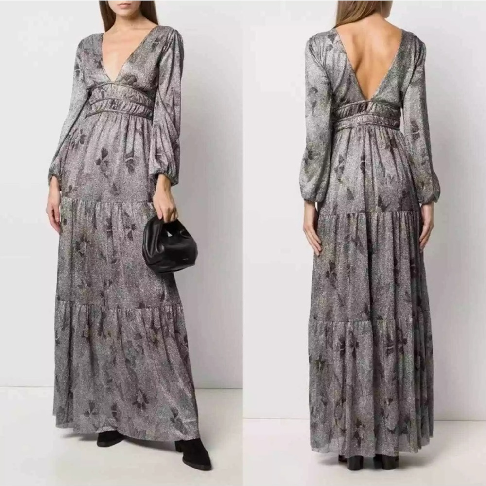 ba&sh Lili Metallic Floral Deep V Maxi Dress